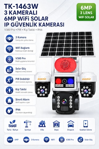 Avenir Tk-s1463w 6mp 3 Kameralı 4g Sım Kartlı Solar Ptz Kamera 12000mah Batarya, V380 Pro