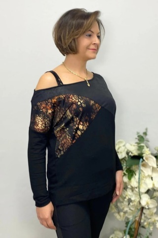 Mia Butik Büyük Beden Kahve Tek Omuz Leopar Detaylı Bluz Kahve