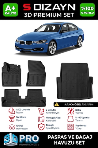 S-dizayn Bmw 3 Serisi F30 3d Pro Havuzlu Paspas Ve Bagaj Havuzu Seti 2'li Set 2012-2019 A+ Kalite