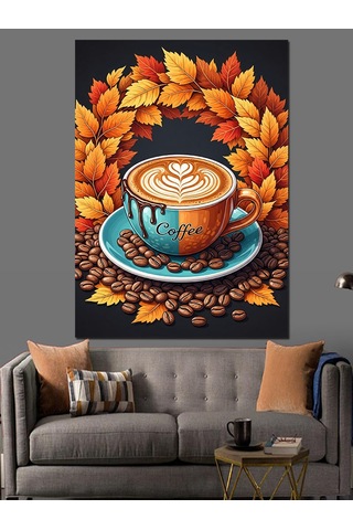 Ahşap Tablo Güz Yaprakları Ve Latte Sanatlı Fincan Kahve