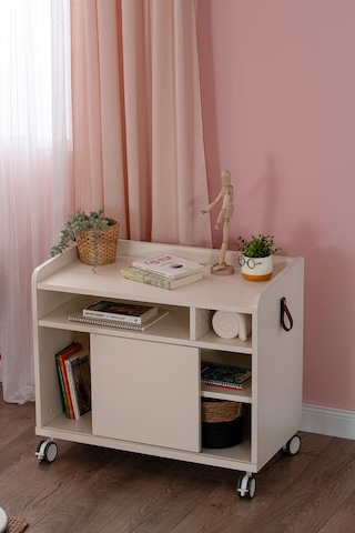 Creo Mobili Sürgü Kapaklı Organizer Smart Keson, Frenli Tekerlekli Ofis Ve Ev Komodini, Ekru