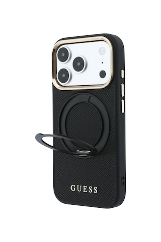 Apple Uyumlu iPhone 18 Pro Kılıf Guess Lisanslı M-safe Özellikli 360 Standlı Pu Metal Yazı Logolu Kapak Siyah