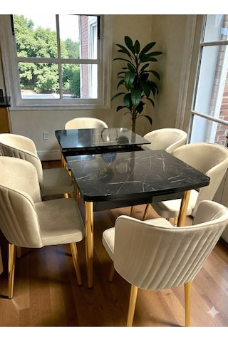 Msy Home 6 Kişilik Exclusive Kelebek Black Marble Gold Ayaklı Modern Yemek Odası Grubu 5412 Bej
