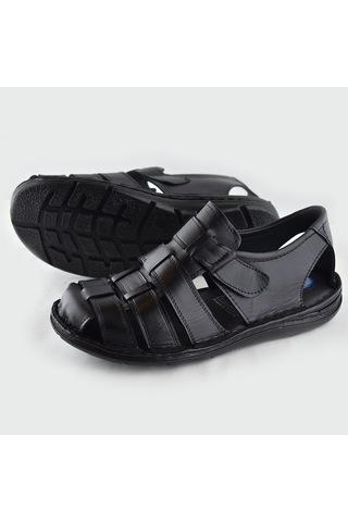 Ayakkabiburada 033 Topuk Jelli Hakiki Deri Erkek Sandalet Ayakkabı Siyah
