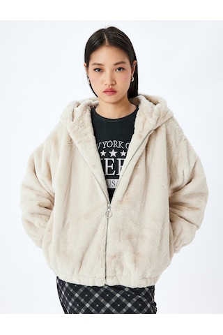 Koton Peluş Mont Kapüşonlu Fermuarlı Cep Detaylı Bej 5wal20004ıw Ekru