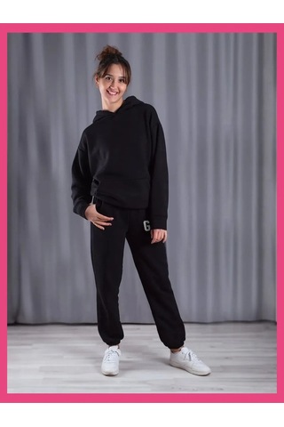 Modern Moda Kadın Atlanta Baskılı Kapüşonlu Sweatshirt Alt Üst Eşofman Takımı Rsatk010 Siyah