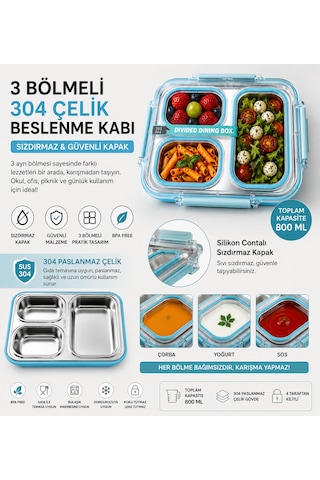 Muzeko Diyet, Beslenme Kabı Mzk4003 Sızdırmaz Kapaklı Metal 3 Bölmeli Lunch Box Beslenme 800ml 304çelik Mavi Okul,piknik,ofisler Açık Mavi