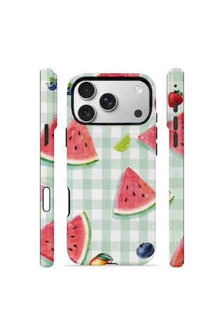 Apple iPhone Uyumlu 17 Pro Max Vorian Çift Katmanlı Magsafe Kılıf Watermelon Picnic Gingham