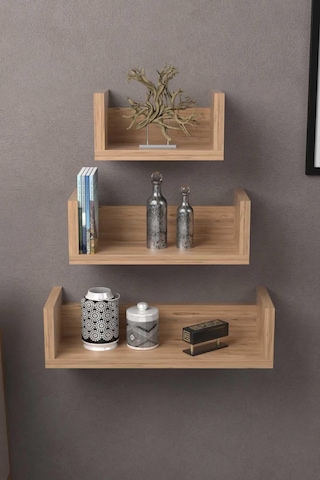 Reyo Modern Dekoratif U Raf Ceviz Duvar Rafı