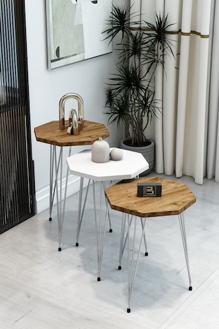 3'lü Sekizgen Zigon Sehpa Seti - Gümüş Metal Ayaklı, Modern & Şık Yan Sehpa, Dayanıklı Salon Ofis Beyaz Atlantik Çam