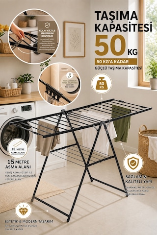 Perilla 17062 Fit Katlanabilir Çamaşır Kurutmalık 15 Metre Asma Alanı 50 Kg Taşıma Kapasiteli Antrasit