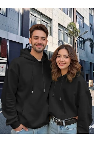Nevermind Wisem Bear Baskılı Hoodie Trend Sevgili Kombini Oversize 3 İpli Siyah