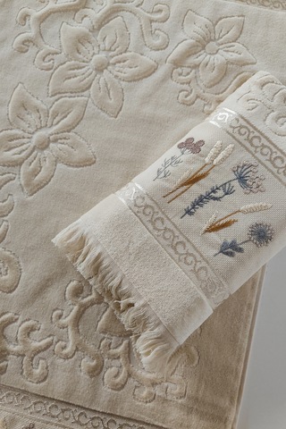 2'li Nakışlı Jakarlı Kadife El Yüz Havlusu - %100 Pamuk - Kapuçino Cappuccıno Cappuccino