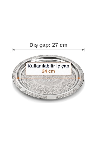 Binbir Trend 27 Cm Otantik Desenli Krom Çelik Kebap, Izgara, Meze Ve Servis Tabağı 30 Adet Gümüş