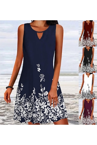 Yaz Kadın Etek Bol Baskı Uzun Kollu Tasarım Sense Çiçek Kolsuz Elbise Kırmızı