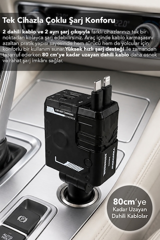 Süper Hızlı Araç Şarjı - Usb Type-c Çıkışlı Voltaj Göstergeli Geri Çekilebilir Kablolu Araç Şarj Cihazı