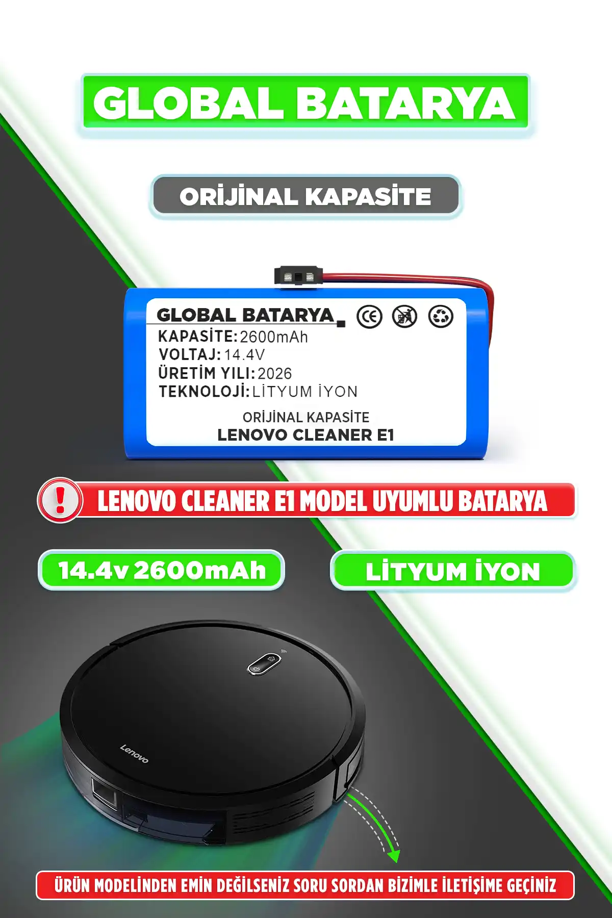Lenovo Robot Vacuum Cleaner E1 Uyumlu Robot Süpürge Bataryası 14.4v 2600mah Pil Kapasite