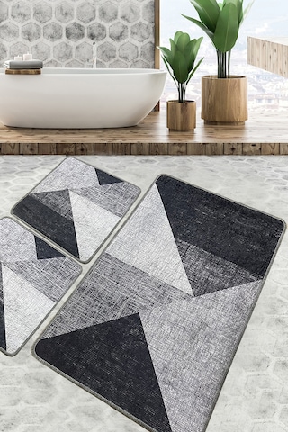 Phell Gri Banyo Halısı Djt 3 Lü Set Banyo Halısı Paspas Yıkanabilir Kaymaz Çok Renkli