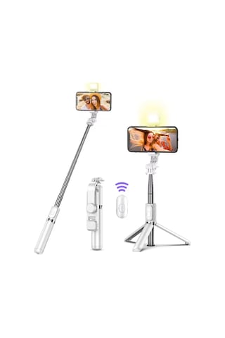 Beyaz Renk Işıklı Bluetooth Kumandalı Dikey Ve Yatay Çekim Tripodlu Selfie Çubuğu Öz Çekim Tripodu