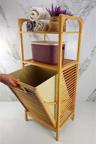 2 Organizer Raflı Ahşap Bambu Çek-aç Kirli Sepeti Diğer