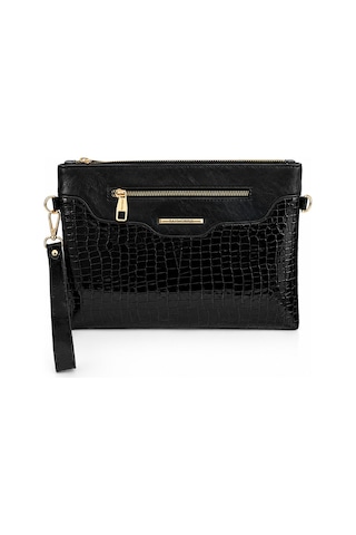 Sanmorris Kadın Suni Deri Ayarlanabilir Çapraz Ve El Askılı Portföy, Clutch Çanta S-1360 Siyah Kroko