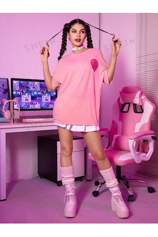T-shirt - Baskılı Oversize Bisiklet Yaka Kısa Kol Pembe Tişört Pembe
