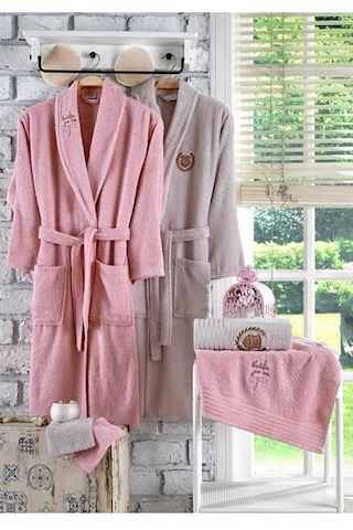 Güvenal Rüya 10 Parça Nakışlı Bornoz Seti | Bornoz Takımı Kahverengi - Pudra