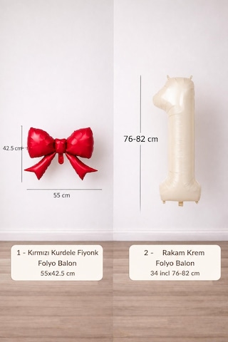 Kırmızı Fiyonk & Krem 1 Rakam Folyo Balon Seti Kırmızı Krem