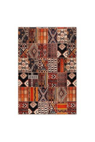 Patchwork Kilim Desenli Bohem Etnik Halı Turuncu Siyah 3046