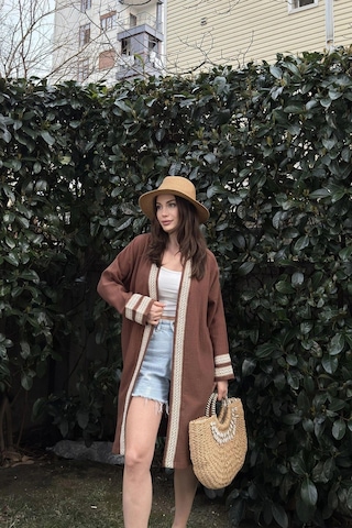 Kadın Kahve Müslin Kumaş, Hasır Şerit Detaylı Salaş Kimono Ceket Kahve