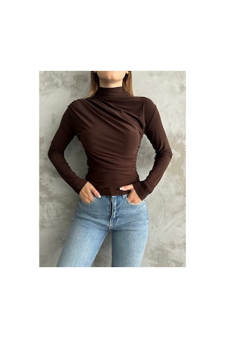 Unika Boutique Kadın Kahverengi Dik Yaka Omuz Ve Bel Büzgülü Uzun Kollu Bluz