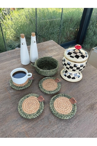 4 Adet Yuvarlak Kılfılı Bardak Altlığı- Leke Tutmaz- Naturel-yeşil 13x13 Cm Yeşil