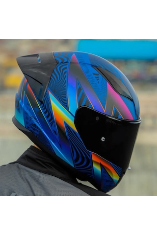 Yarış Spoiler + Şeffaf + Siyah Vizörlü + Ls2 Rapid 2 Optik Race Full Face Motosiklet Kaskı Mavi - Mor
