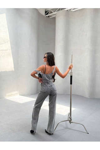 Shevega Kadın Kar Siyah Kanguru Cep Bol Paça Kot Bahçevan Tulum Siyah