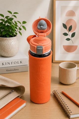 H2o Pastel Renk Kılıflı Kilit Kapaklı 500 Ml Cam Matara Sızdırmaz Ofis Ve Spor İçin Koruyucu Kılıflı Cam Suluk Turuncu
