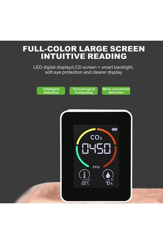 Konesam Ev, Araba, Ofis İçin Sıcaklık, Nem Ve Co2 400-5000ppm Tespit Cihazı - Yarıiletken Tvoc Sensörlü, Led Ekranlı, 1200mah Pil, Siyah Siyah
