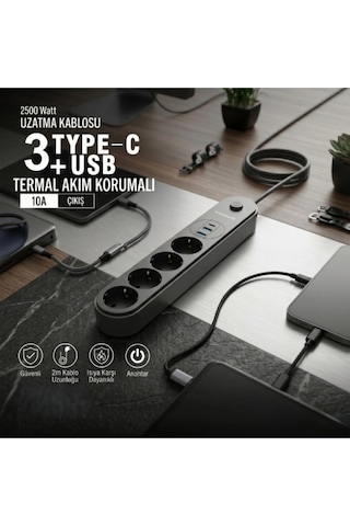 Yüksek Güç Kapasiteli Termal Akım Korumalı 4 Prizli Usb Girişli Uzatma Kablosu Type-c 2500 Watt Standart