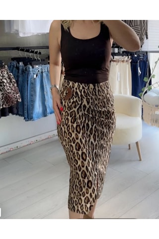 Leopar Tokalı Etek Kahverengi
