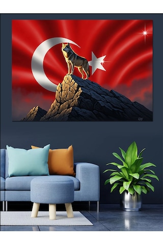 Ay Yıldızlı Kurt Dağ Zirvesi Dekoratif Kanvas - Mdf Ahşap Tablo