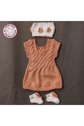Uretti - Talia 8659 - 5678 El Örgüsü Kız Çocuk Elbise - Bandana - Patik Üçlü Takım - 6 / 9 Ay Gülkurusu