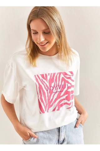Baskılı Basic Bisiklet Yaka Örme T-shirt Önü Pembe