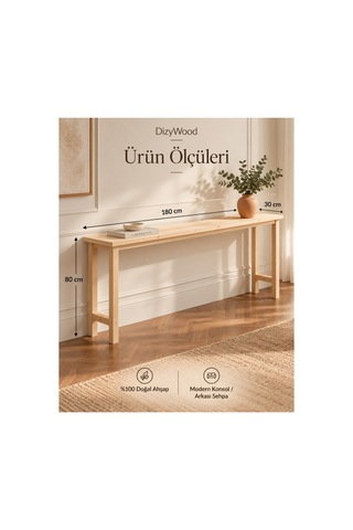 Doğal Ahşap Koltuk Arkası Konsol Sehpa 180x30x80 Cm Masif Çam Dresuar