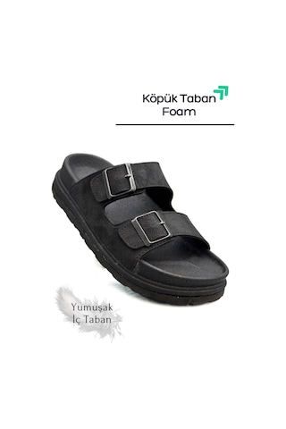 Sermoda Çift Toka Ayarlanabilir Genişlik Köpük Taban Rahat Deri Erkek Terlik Siyah