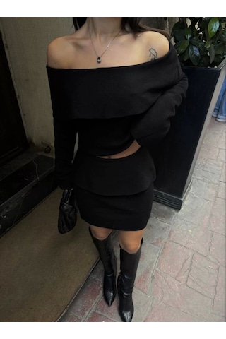 Straplez , Madonna , Carmen Yaka Croplu Mini Etekli İkili Takım Triko - Siyah Siyah