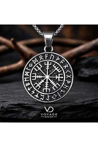 Paslanmaz Çelik Rün Harf Detaylı Kolye Çift Taraflı Vegvisir Viking Pusula Kolye Antik Gümüş