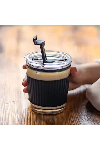 Kosona Beyaz Cam Kahve Bardak, Kapak Ve Pipetli, Isıya Dayanıklı, Pratik Kullanım Beyaz