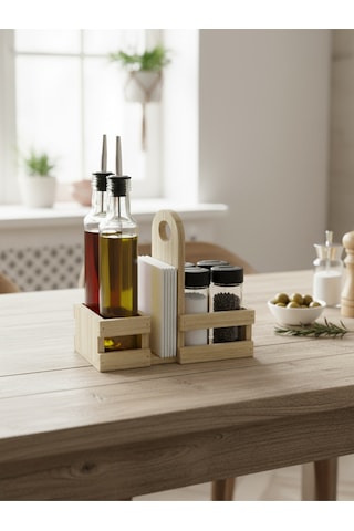 Ahşap Doğal Baharatlık Yağdanlık Ve Peçetelik Takımı Uzun Başlık Set Kavak-ıhlamur 1 Set Ahşap