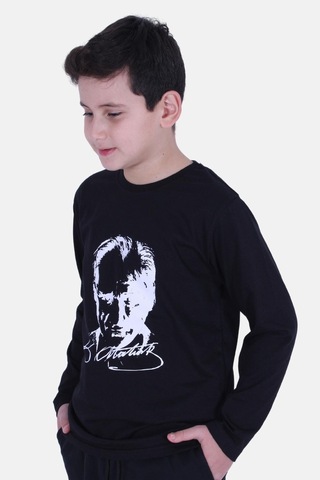Ay Yıldız Uzun Kol Baskılı Atatürk Imzalı Unisex Çocuk T-shırt Siyah