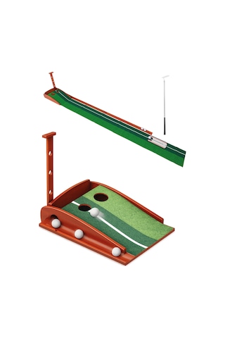 Walke Golf Putt Matı Ahşap Otomatik Top Dönüşlü Golf Antrenman Seti 3 Toplu 2 Delikli Yeşil