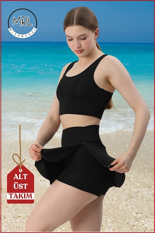 Kadın Siyah Etekli Şortlu Mayo Takım Göğüs Pedli Yüksek Bel Toparlayıcı Büyük Beden Uyumlu Tk3107 Siyah
